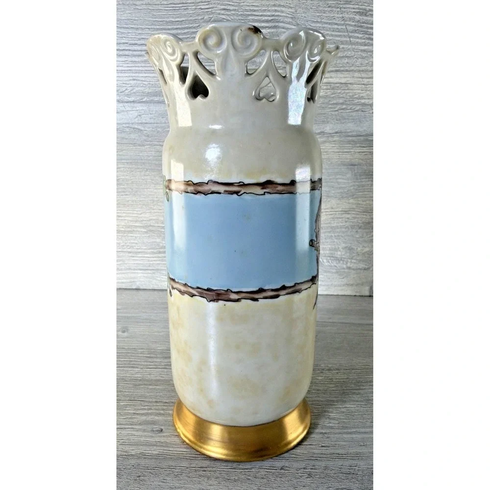 Antique 20'S Schonwald Vase PSAA Porcelain Arzberg Bavaria Blue Bird Pierced Rim